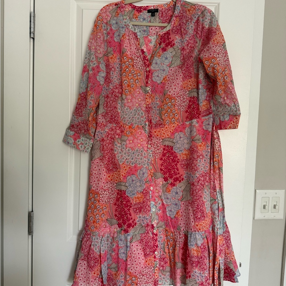Talbots Pink and Red V-Neck Sundress with Cuffed Sleeves